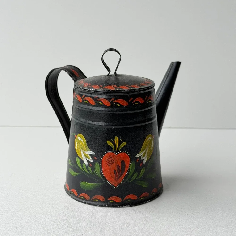 Vintage Toleware Coffee Pot Pitcher Black Folk Art Floral Heart Farmhouse Rustic